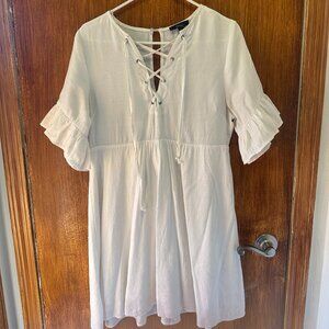 Lace Up Neck 3/4 Sleeve Babydoll White Vintage Dress